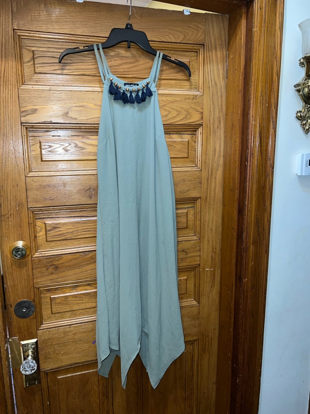 Sequin Hearts Sage Green Maxi Dress with Navy Tassel Neckline